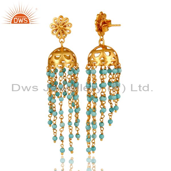 Exporter 18K Yellow Gold Plated Sterling Silver Turquoise Beads Chain Chandelier Earrings