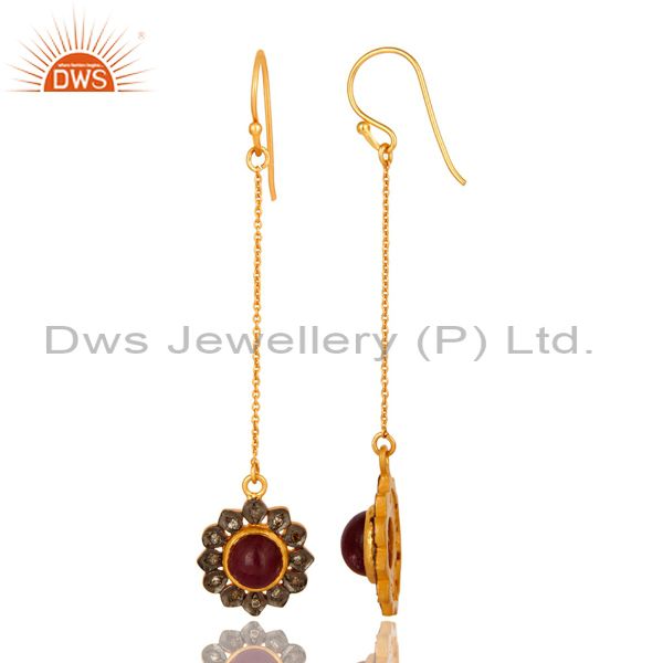 Exporter Natural Ruby Pave Diamond Sterling Silver Long Dangle Earrings - Gold Plated