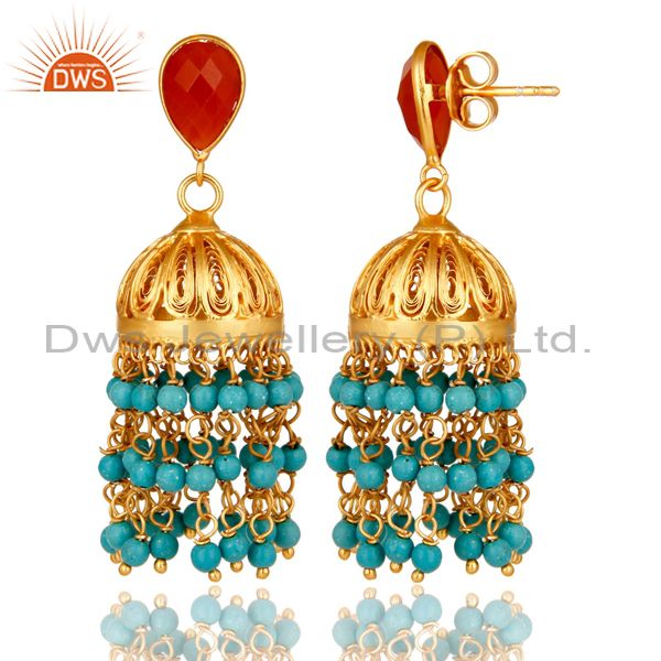 Exporter 22K Yellow Gold Plated Sterling Silver Red Onyx And Turquoise Jhumka Earrings