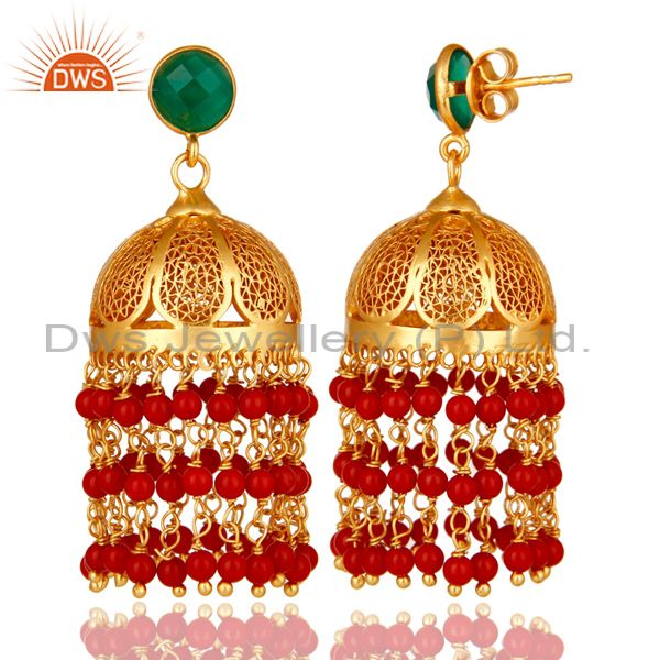 Exporter 22K Yellow Gold Plated Sterling Silver Red Coral And Green Onyx Jhumka Earrings
