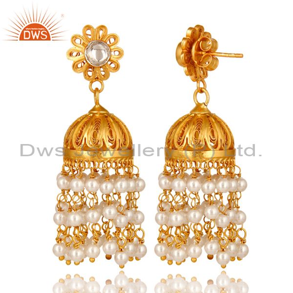 Exporter 14K Gold Plated Sterling Silver Pearl Beads And Crystal Quartz Jhumka Earrings