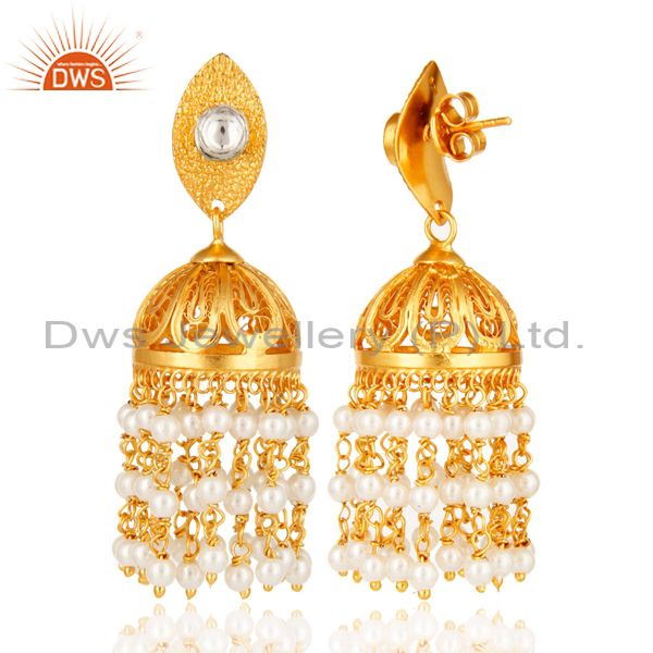 Exporter Shiny 18K Yellow Gold Plated Natural White Pearl Indian Jhumka Dangle Earrings