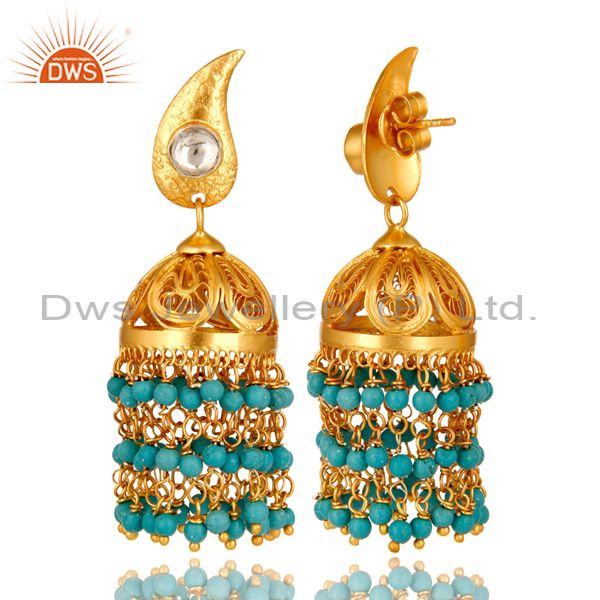 Exporter 14K Gold Plated Sterling Silver Turquoise Beads And Crystal Polki Jhumka Earring