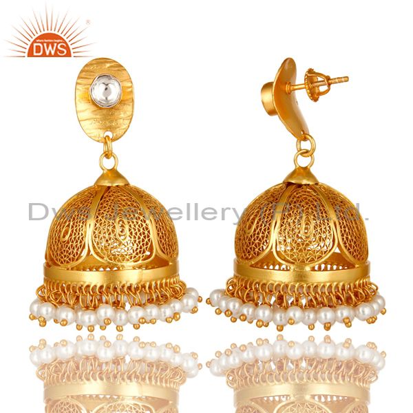 Exporter 22K Yellow Gold Over Sterling Silver CZ Polki And Pearl Designer Jhumka Earrings