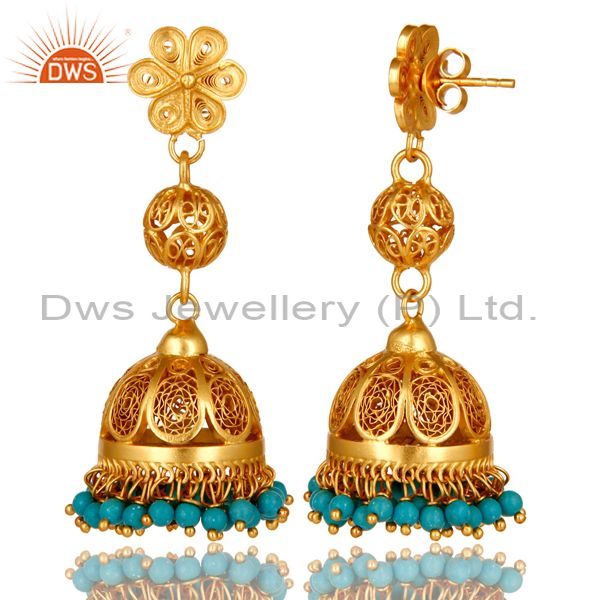 Exporter 22K Yellow Gold Plated Sterling Silver Turquoise Ethnic Designer Jhumka Earrings