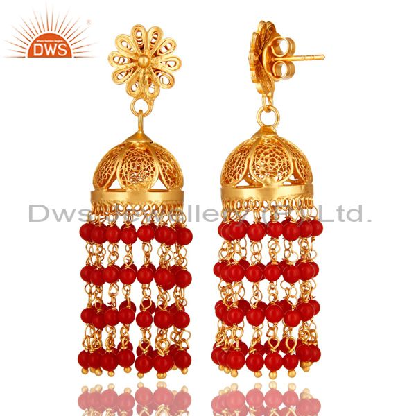 Exporter 14K Gold Plated Sterling Silver Red Coral Traditional Designer Earrings