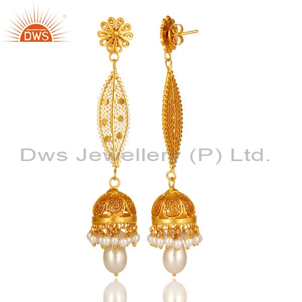 Exporter Shiny 14K Yellow Gold Plated Sterling Silver Pearl Long Dangle Jhumka Earrings