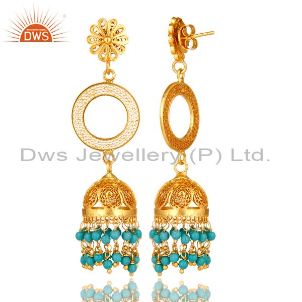 Exporter 14K Yellow Gold Plated Sterling Silver Turquoise Filigree Jhumka Dangle Earring