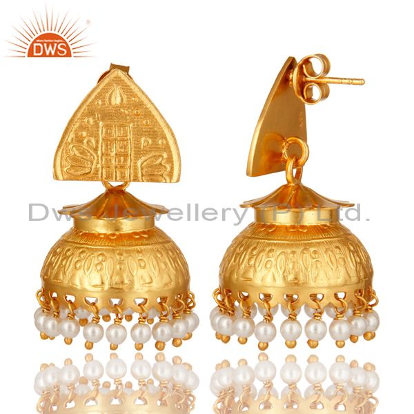 Exporter 14K Gold Plated Sterling Silver Natural Pearl South Indian Jhumka Earrings