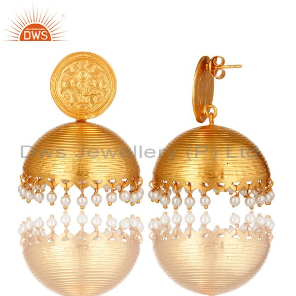 Exporter Designer Pearl Jhumka Earrings 18K Yellow Gold Plated Sterling Silver Jewelry