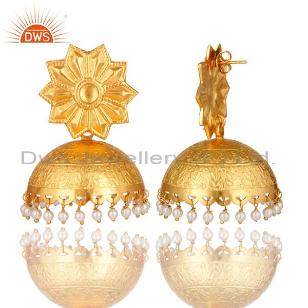 Exporter Beautiful Hand Crafted Sterling Silver Pearl Jhumka Earrings With Gold Plated