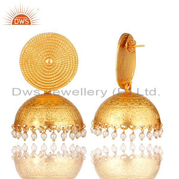 Exporter 18K Gold Plated Sterling Silver Designer Pearl Jhumka Earrings