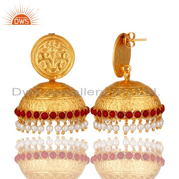 Exporter Red Coral And Pearl Traditional Style Jhumka Earrings Made In 18K Gold On Silver