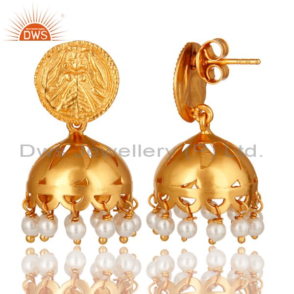 Exporter 18K Gold Plated Sterling Silver Natural Pearl Jhumka Traditional Earrings
