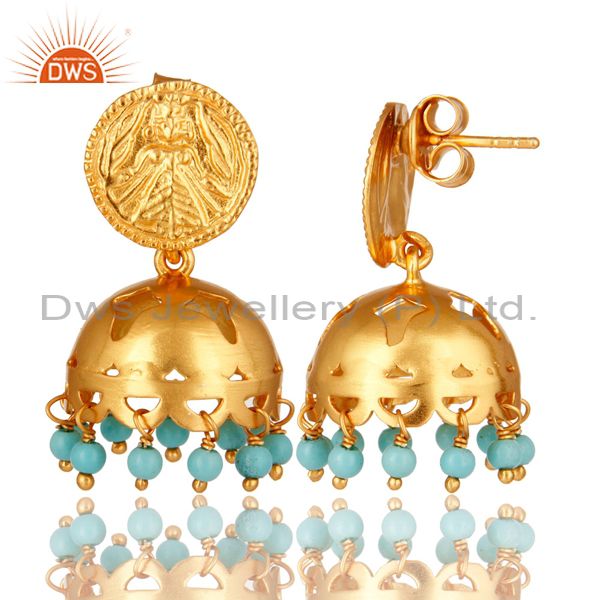 Exporter 22K Yellow Gold Plated Sterling Silver Turquoise Gemstone Beads Jhumka Earrings