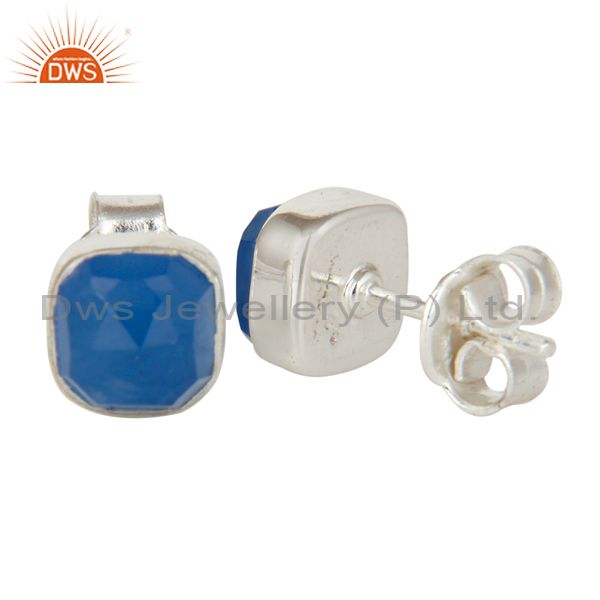 Exporter 925 Sterling Silver Aqua Blue Chalcedony Gemstone Stud Earrings