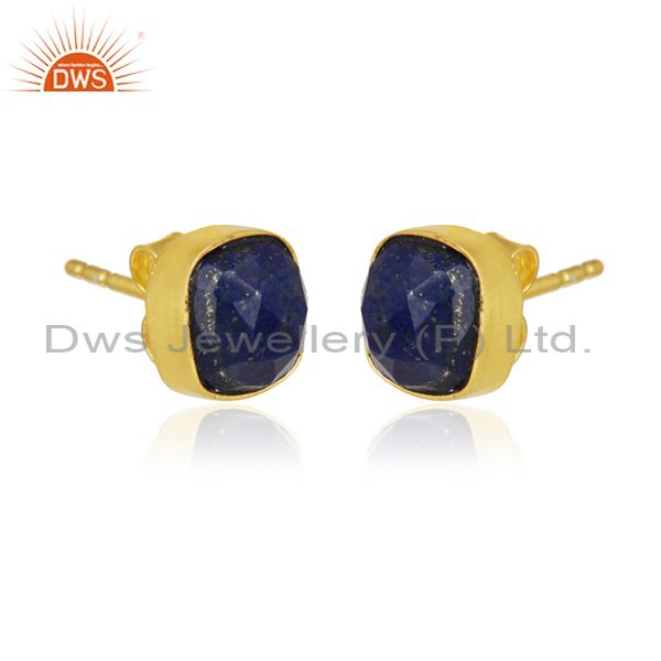 Natural Lapis Lazuli Gemstone Stud Earrings In 18K Gold Over Sterling Silver