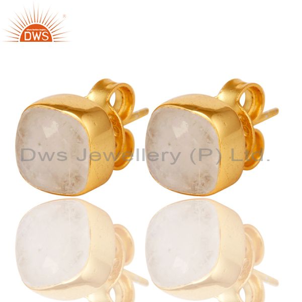 Exporter 14K Yellow Gold Plated Sterling Silver Rainbow Moonstone Womens Stud Earrings