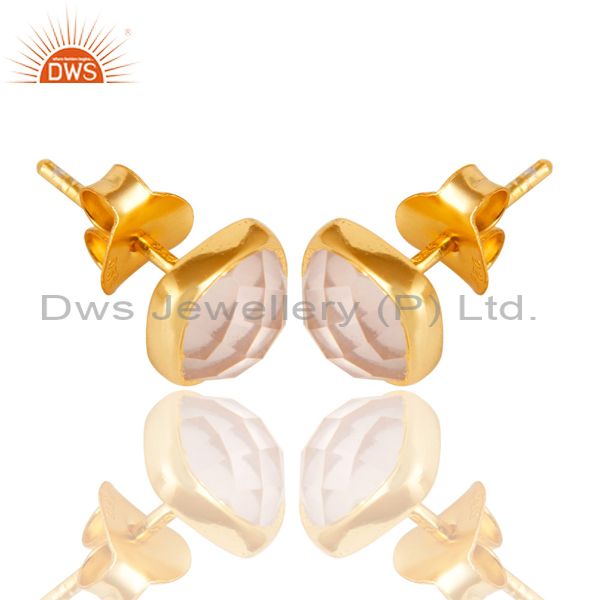 Exporter 14K Yellow Gold Plated 925 Sterling Silver Rose Quartz Womens Stud Earrings