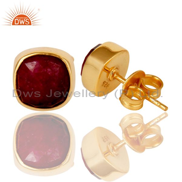 Exporter Natural Ruby Corundum 18K Yellow Gold Plated Sterling Silver Stud Earrings