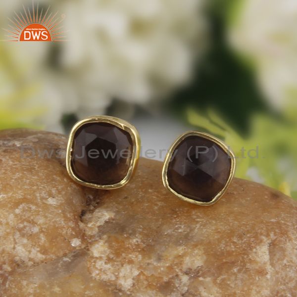 Exporter Smoky Quartz Stud Earrings in 14K Yellow Gold Over Sterling Silver