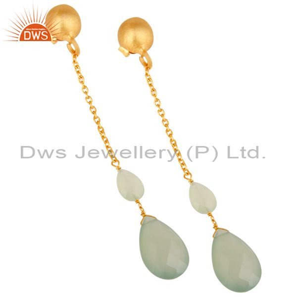 Exporter 22K Yellow Gold Plated Sterling Silver Green Chalcedony Chain Dangle Earrings