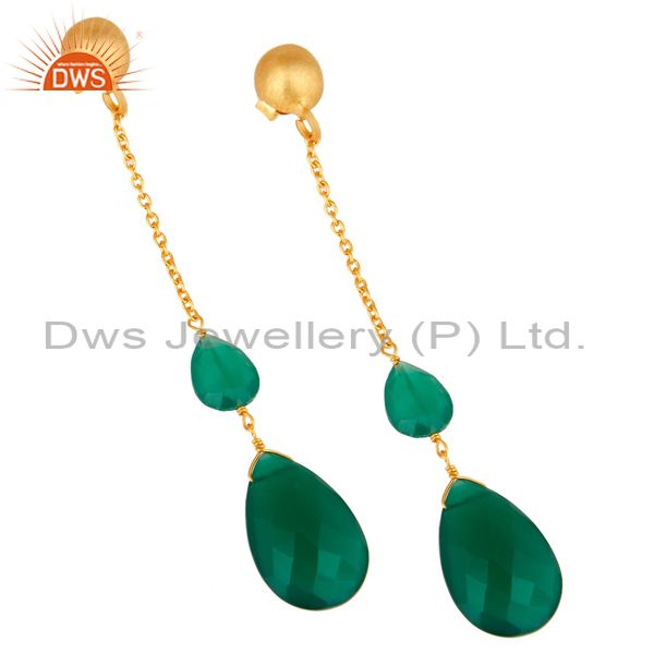 Exporter 22K Yellow Gold Plated Sterling Silver Green Onyx Briolette Chain Drop Earrings