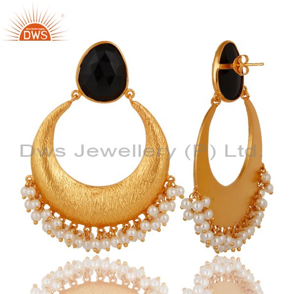 Exporter 18K Yellow Gold Plated Sterling Silver Black Onyx & Pearl Ethnic Dangle Earrings
