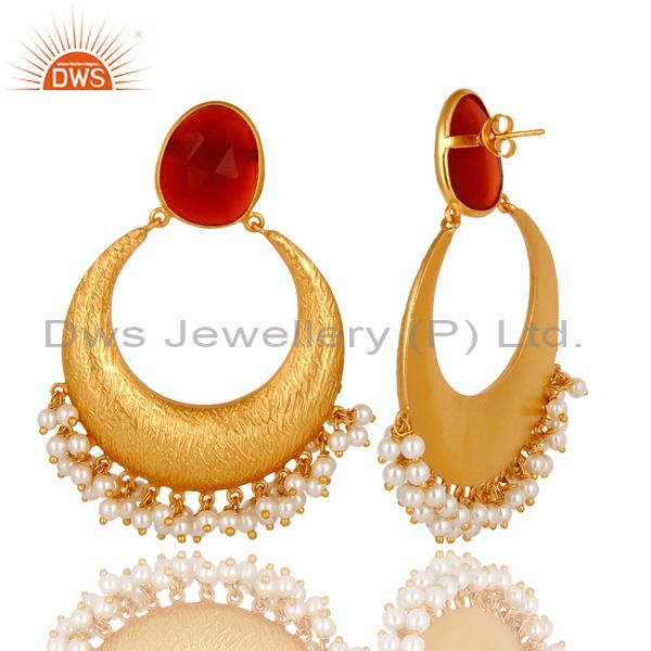 Exporter 18K Yellow Gold Plated Sterling Silver Red Onyx And Pearl Ethnic Fashion Earring
