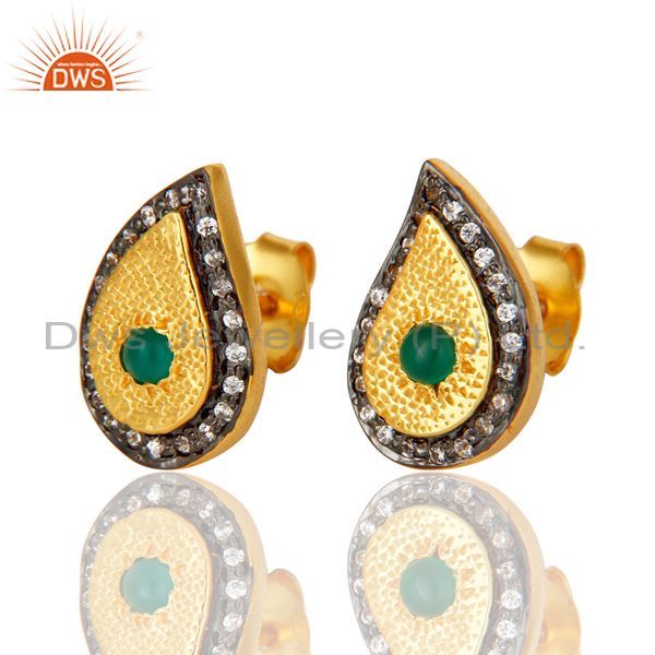 Exporter 14K Yellow Gold Plated Sterling Silver Green Onyx And CZ Teardrop Stud Earrings