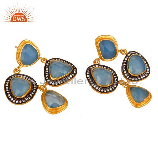 Exporter 18K Gold Plated Sterling Silver Blue Chalcedony And CZ Chandelier Earrings