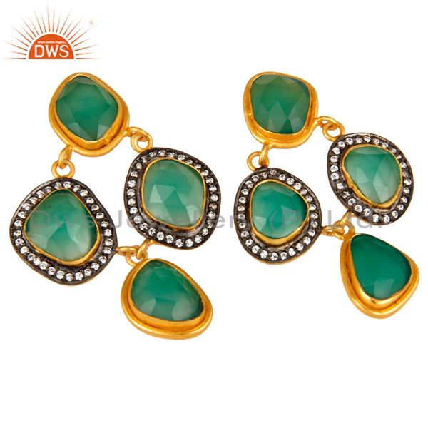 Exporter 18K Yellow Gold Plated Sterling Silver Green Onyx And CZ Chandelier Earrings