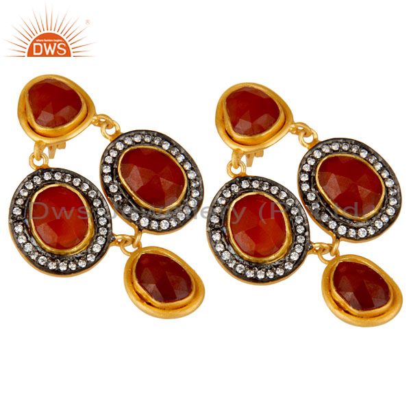 Exporter 18K Yellow Gold Plated Sterling Silver Red Onyx And CZ Fashion Dangle Earrings