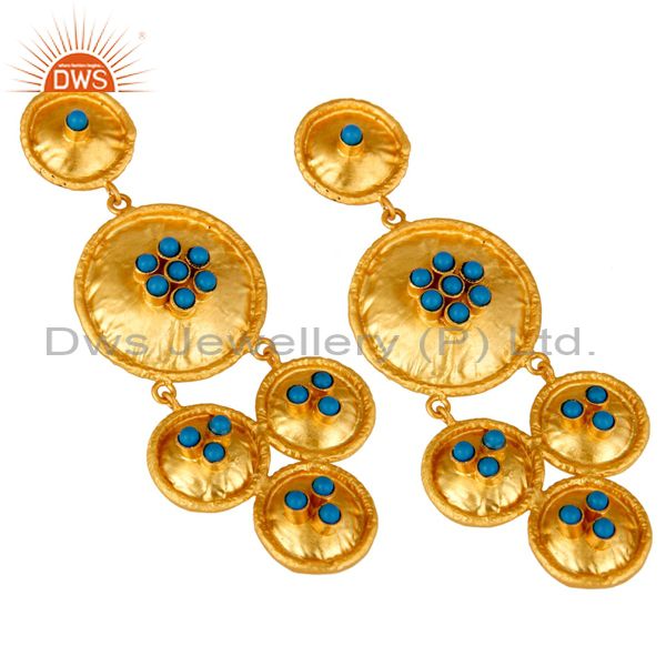 Exporter 22K Matte Yellow Gold Plated Sterling Silver Turquoise Disc Chandelier Earrings