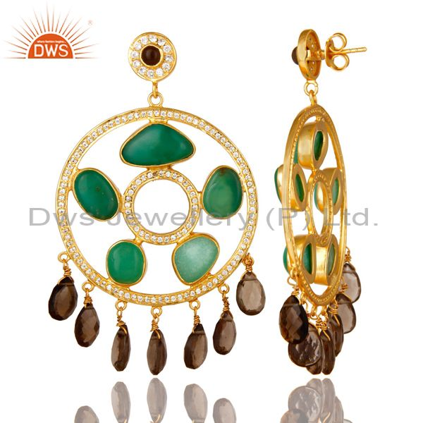 Exporter 22K Gold Plated Sterling Silver Chrysoprase And Smoky Quartz Chandelier Earrings