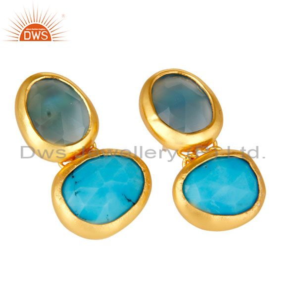 Exporter 18K Yellow Gold Plated Sterling Silver Chalcedony And Turquoise Dangle Earrings
