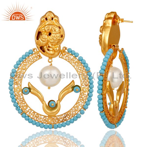 Exporter 18K Yellow Gold Plated Sterling Silver Turquoise and Pearl Traditional Earring