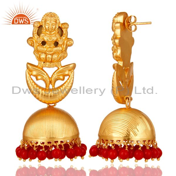Exporter 18K Gold Plated Sterling Silver Temple Jewelry Jhumka Earring with Coral