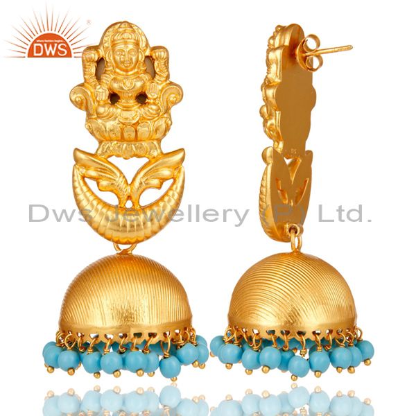 Exporter 18K Gold Plated Sterling Silver Cultured Turquoise Temple Jewelry Earrings