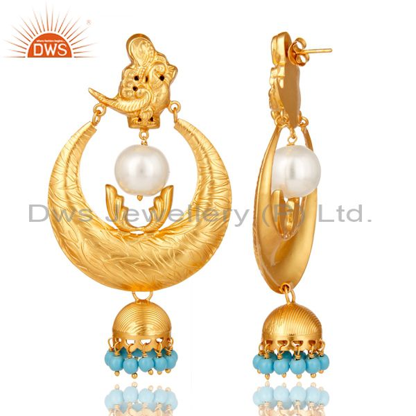 Exporter 18K Gold Plated Sterling Silver White Pearl and Turquoise Temple Jewelry Earring