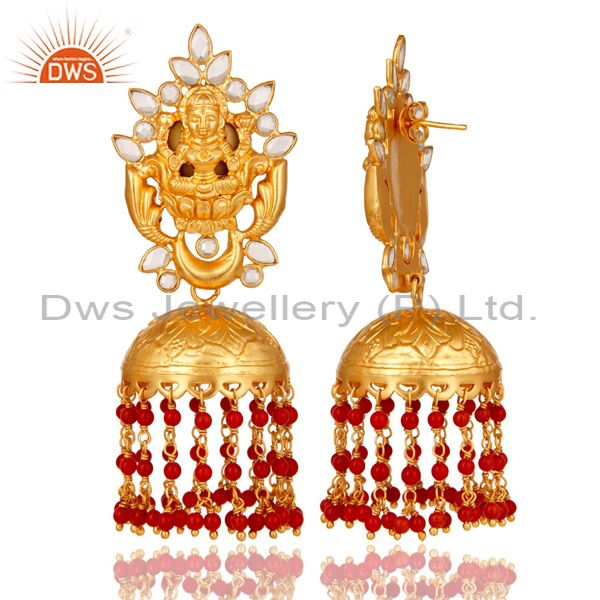 Exporter 18K Gold Plated Sterling Silver Coral and CZ Temple Jewelry Earring Jhumki