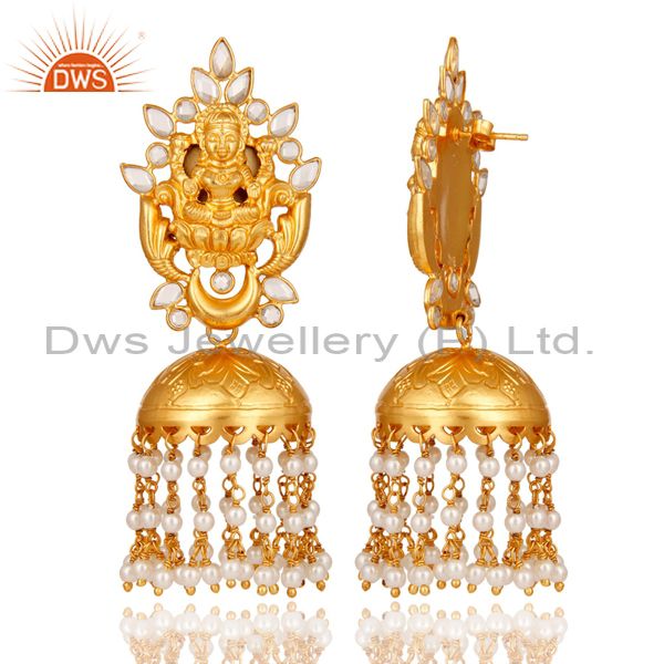 Exporter 18K Gold Plated Sterling Silver Pearl and CZ Temple Jewelry Earring Jhumki