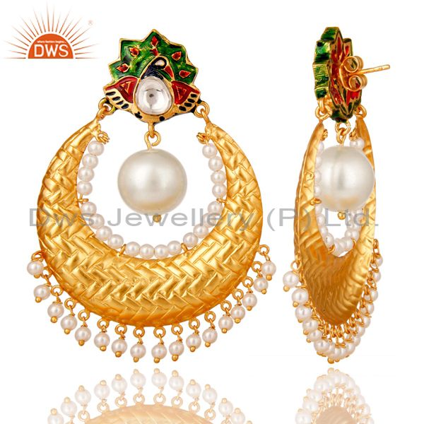 Exporter Pearl and Crystal Quartz Sterling Silver Gold Plated Enamel Earring