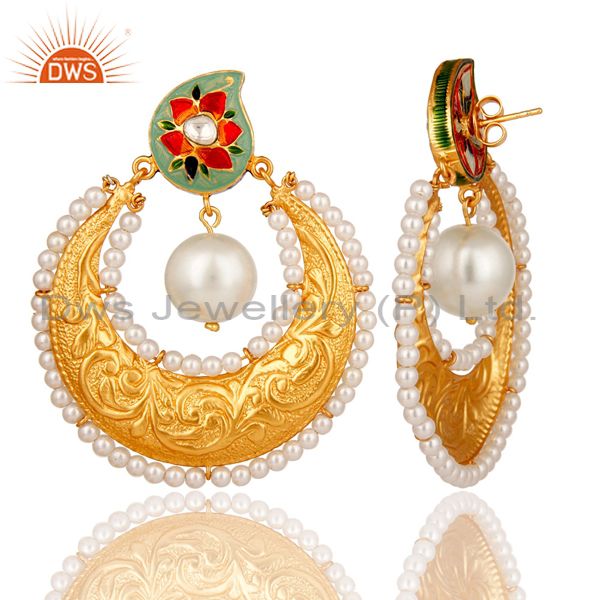 Exporter 18K Gold Plated Sterling Silver Crystal Polki and Pearl Enamel Earring