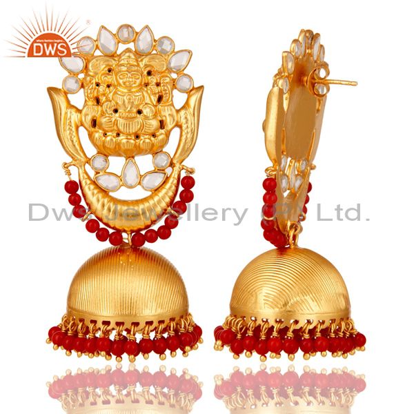 Exporter 18K Gold Plated Sterling Silver Temple Jewelry Coral and CZ Earring Jhumka