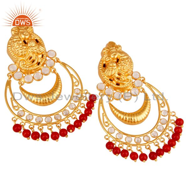 Exporter Coral and CZ 18K Gold Plated Sterling Silver Jhumka Earring Temple Jewelry