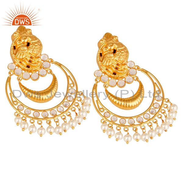 Exporter Pearl and CZ 18K Gold Plated Sterling Silver Jhumka Earring Temple Jewelry