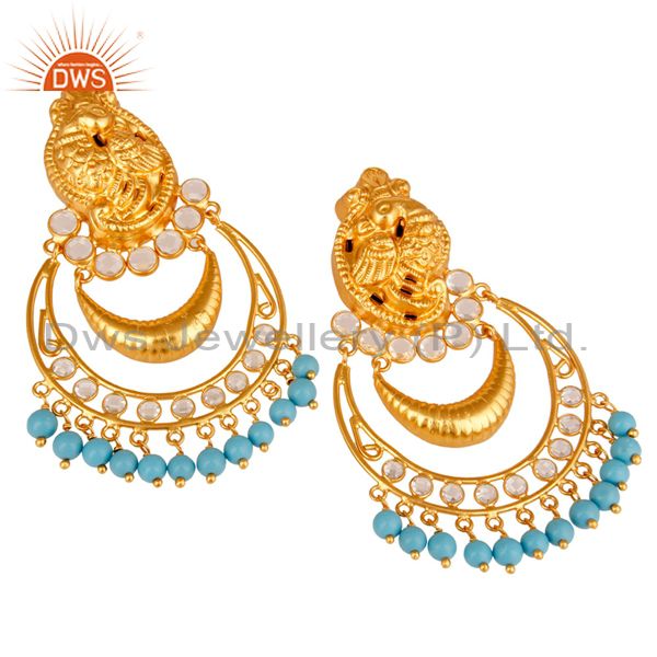 Exporter Turquoise and CZ 18K Gold Plated Sterling Silver Jhumka Earring Temple Jewelry