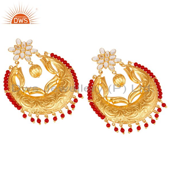 Exporter Coral & White Zircon 18K Gold Plated Sterling Silver Temple Jewelry Earrings