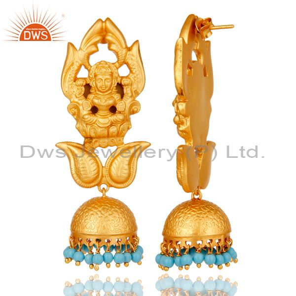 Exporter Cultured Turquoise 18K Gold Plated Sterling Silver Jhumka Earring Temple Jewelry